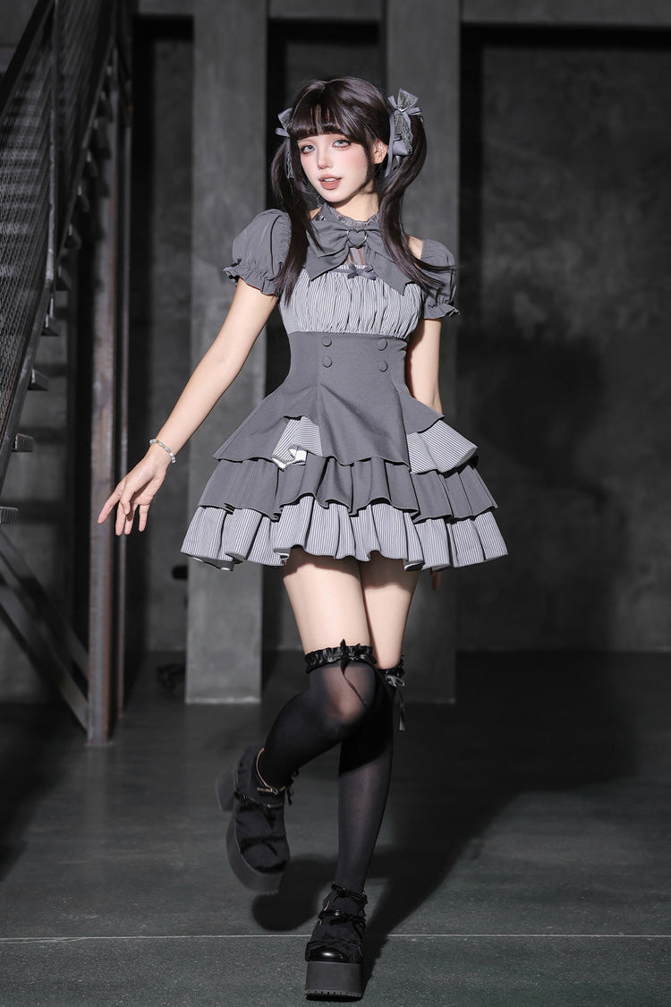 Square Collar Off Shoulder Short Sleeves Triple-Layered Bow Vintage Cool Lolita Dress - image 14