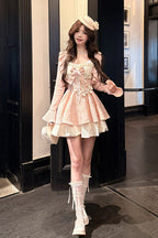 Honeyed Blossoms - Square Collar Long Sleeves Double-Layered Printed Ruffled Bow Sweet Lolita Dress and Cardigan Set - image 2