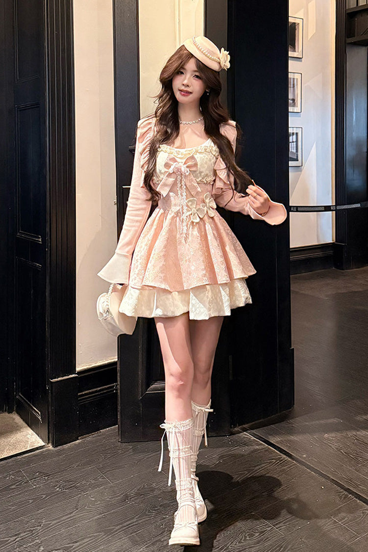 Honeyed Blossoms - Square Collar Long Sleeves Double-Layered Printed Ruffled Bow Sweet Lolita Dress and Cardigan Set - image 2