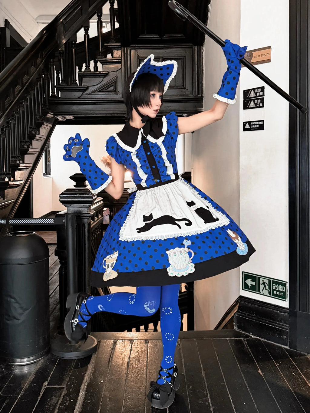 Tea Cup Meow Blue Black Cat Ear Alice Apron Sweet Lolita OP Dress - image 13