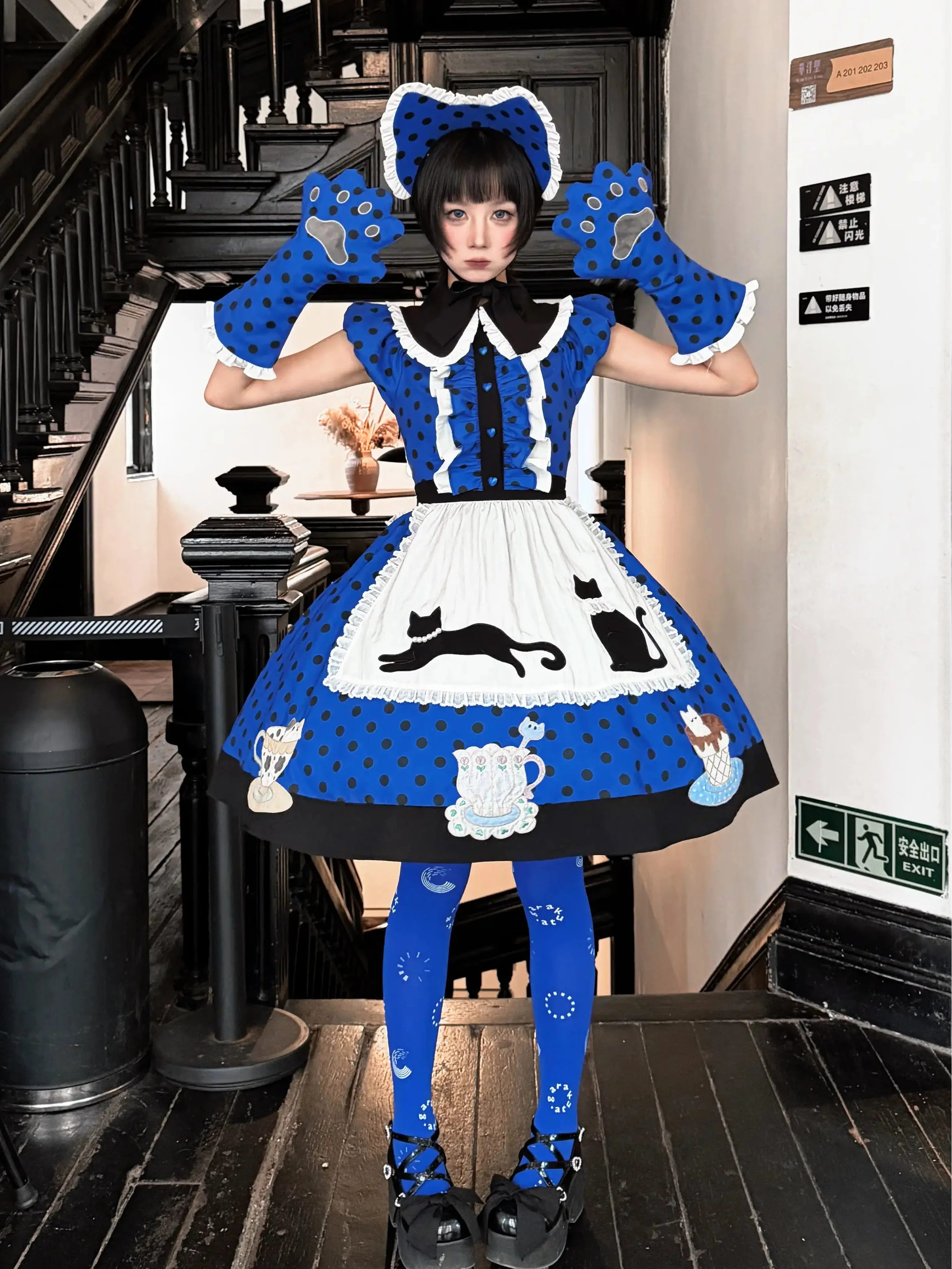 Tea Cup Meow Blue Black Cat Ear Alice Apron Sweet Lolita OP Dress - image 10