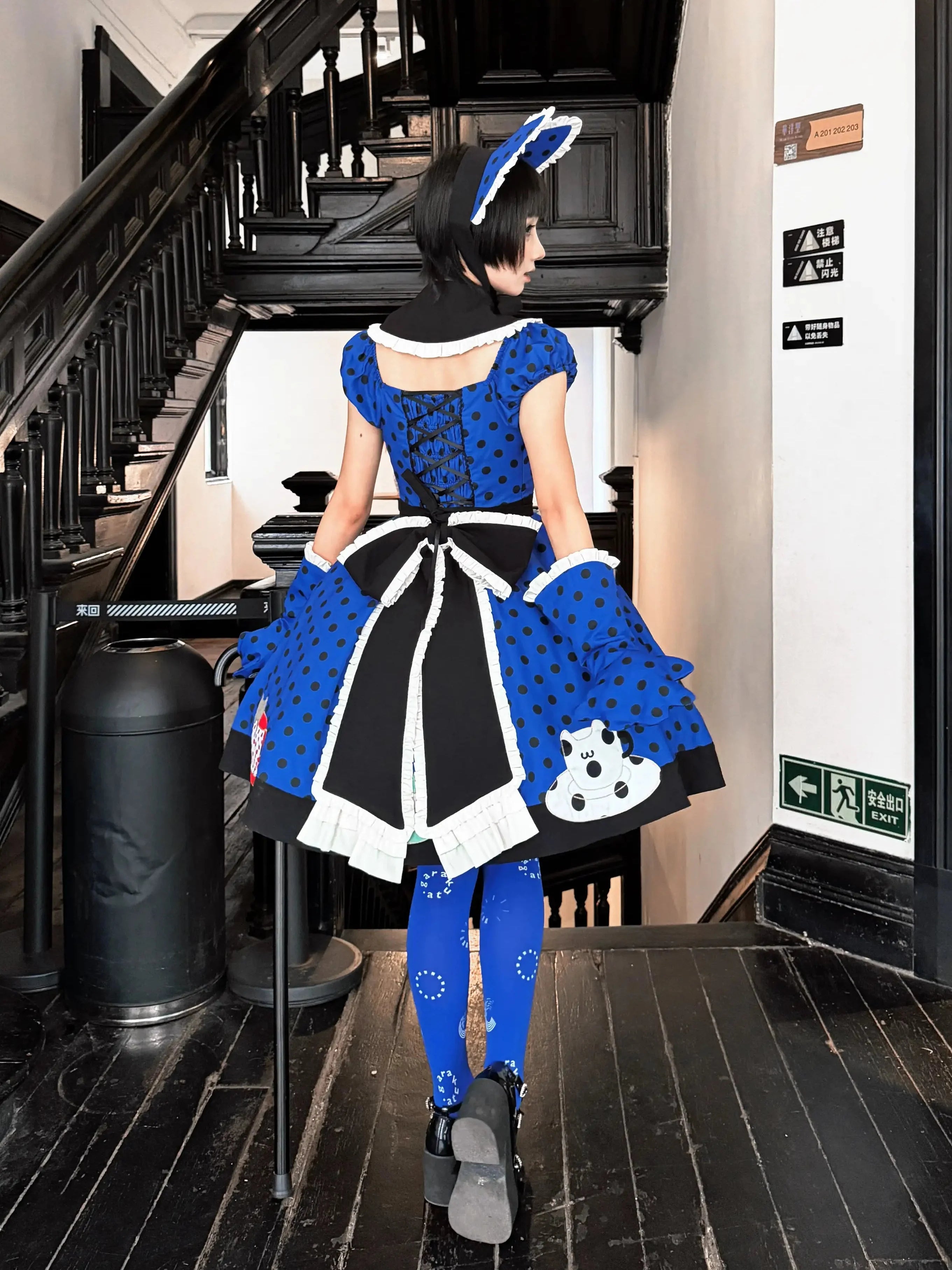 Tea Cup Meow Blue Black Cat Ear Alice Apron Sweet Lolita OP Dress - image 11