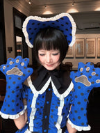 Tea Cup Meow Blue Black Cat Ear Alice Apron Sweet Lolita OP Dress - image 12