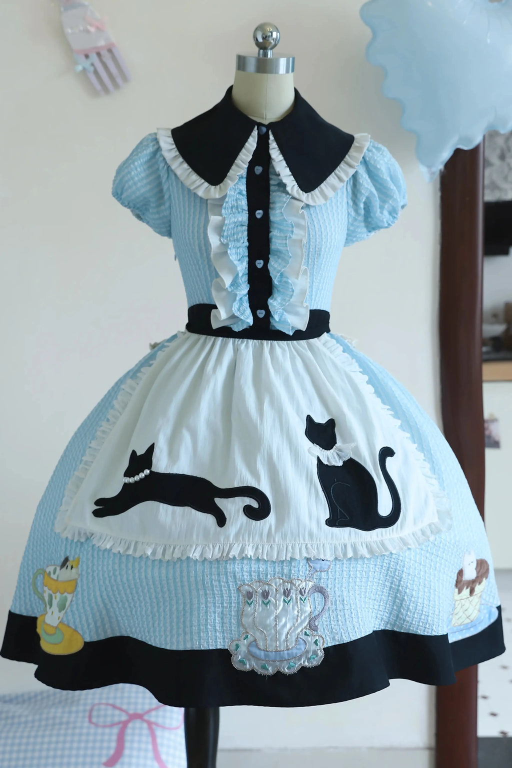 Tea Cup Meow Blue Black Cat Ear Alice Apron Sweet Lolita OP Dress - image 3