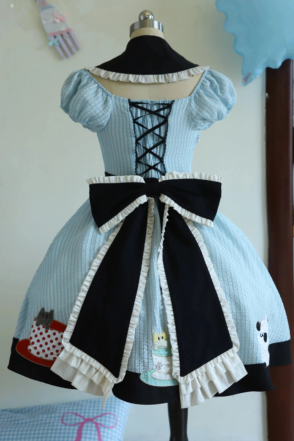 Tea Cup Meow Blue Black Cat Ear Alice Apron Sweet Lolita OP Dress - image 4