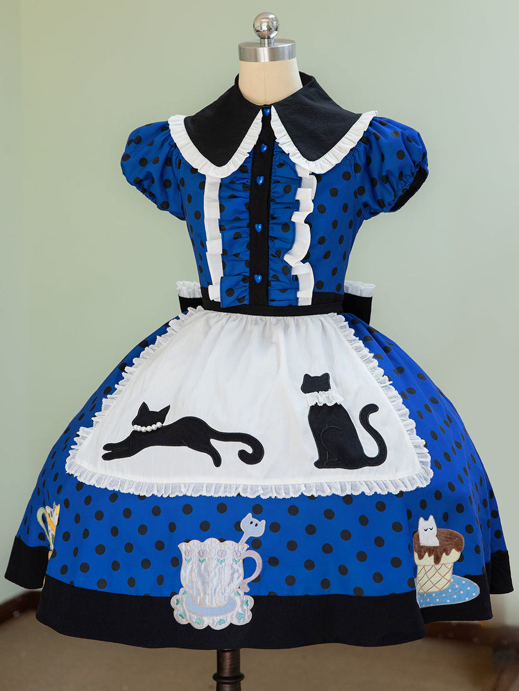 Tea Cup Meow Blue Black Cat Ear Alice Apron Sweet Lolita OP Dress - image 5