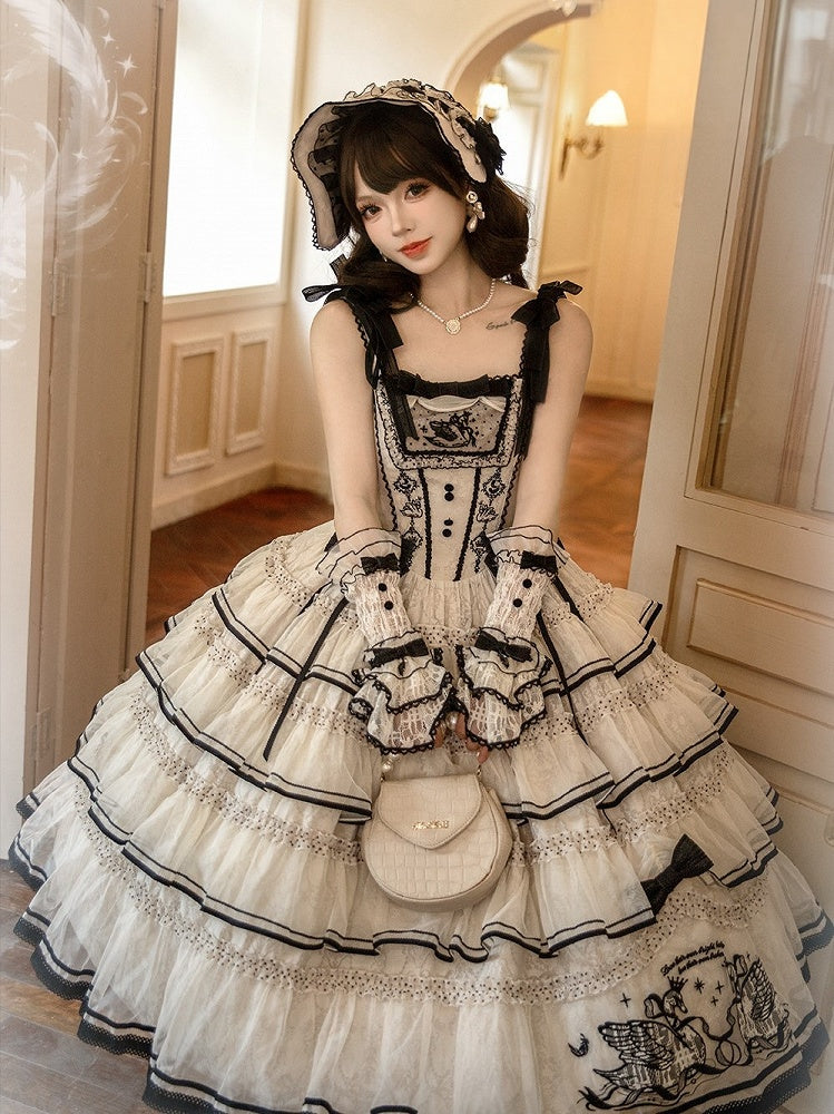 Beige and Black Swan-Embroidered Ruffled Classic Lolita JSK - image 5