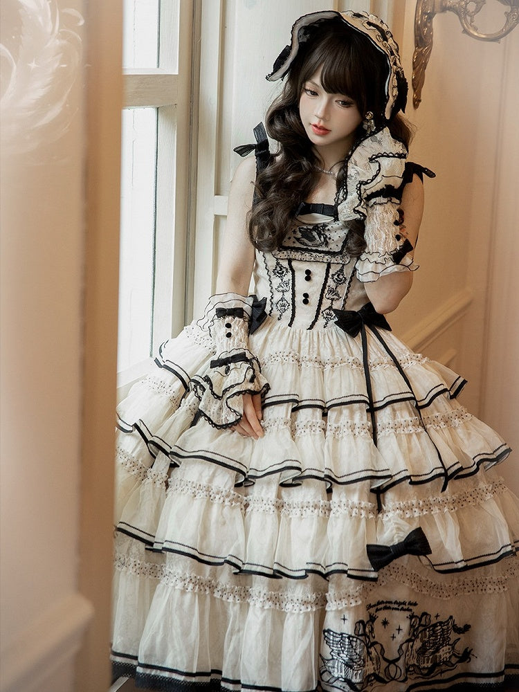 Beige and Black Swan-Embroidered Ruffled Classic Lolita JSK - image 4