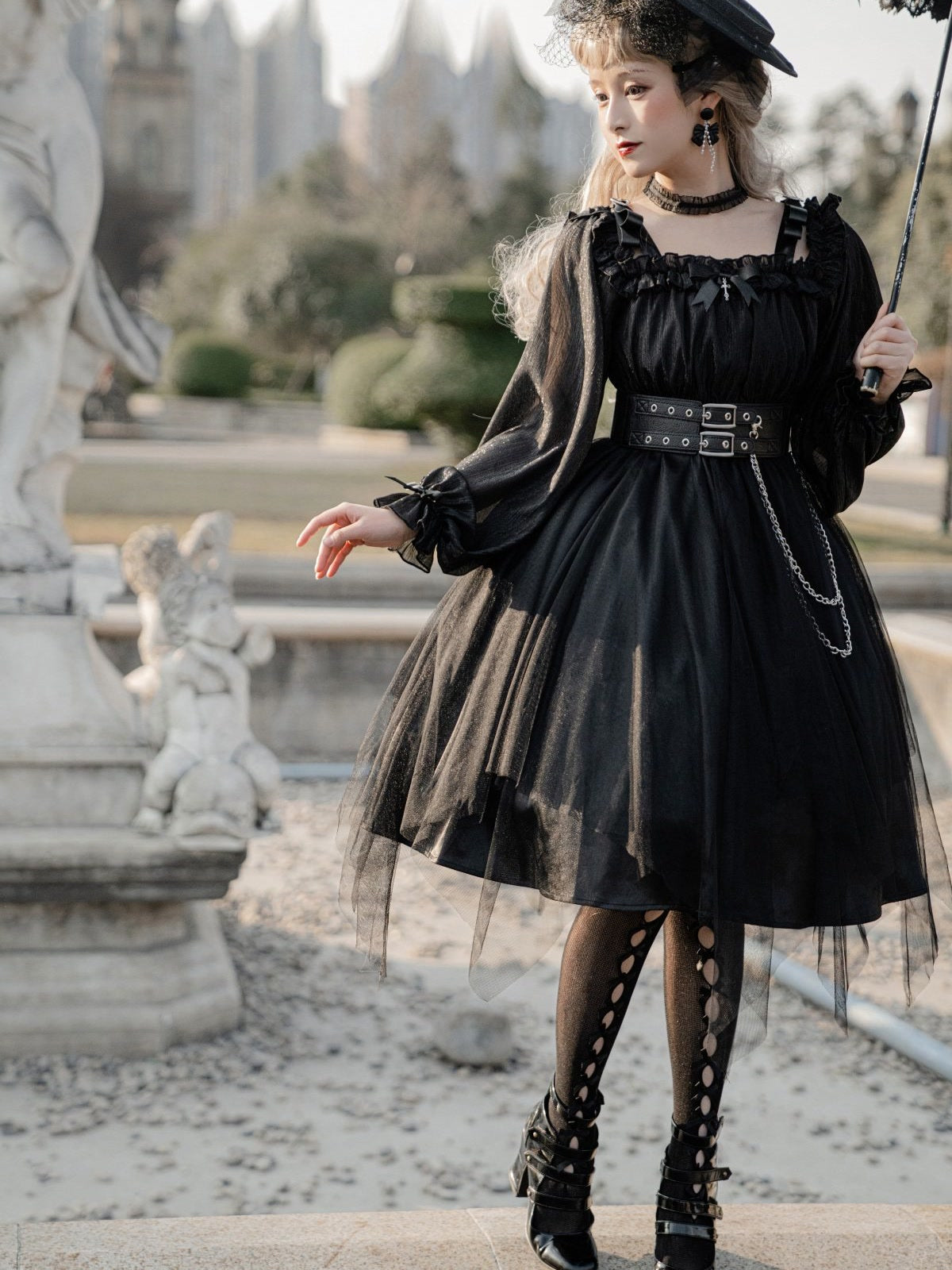 Y2K E-girl Gothic Lolita OP Dress Set in Black