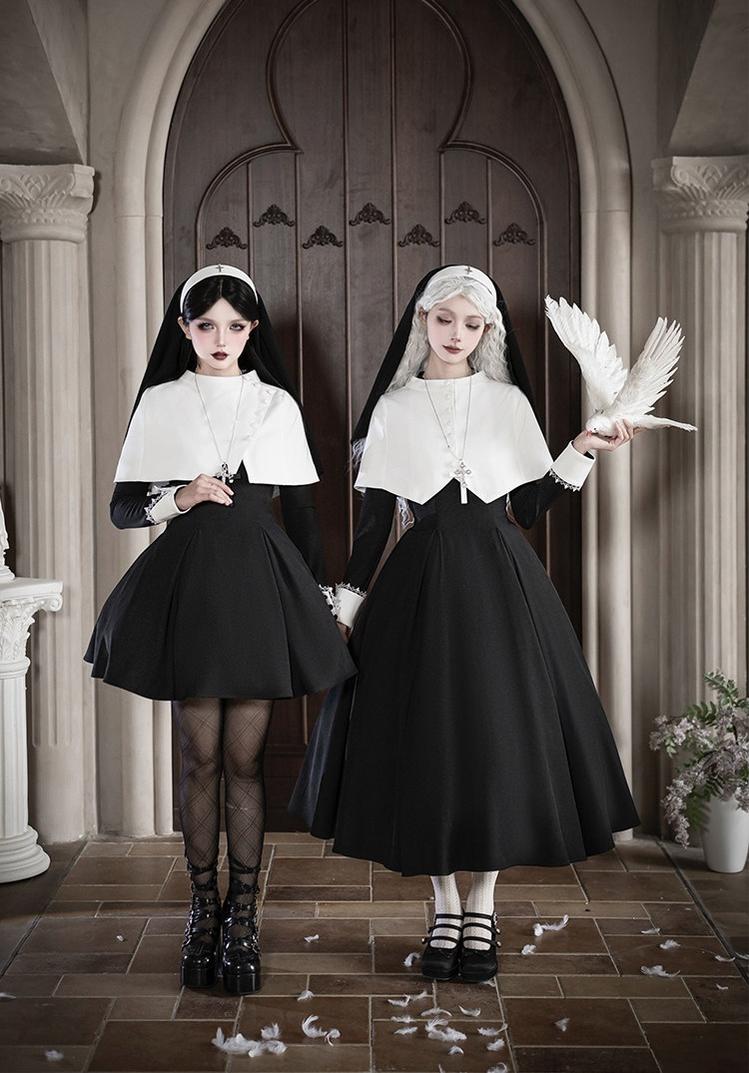 Nihil - Gothic Nun Lolita OP Dress, Irregular Hem Cape and Accessories - image 3