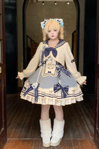 Ride the Wind and Waves - Double-Layered Printed Ruffled Bow Lace Sweet Lolita JSK Dress Set (Coat Included) - image 8