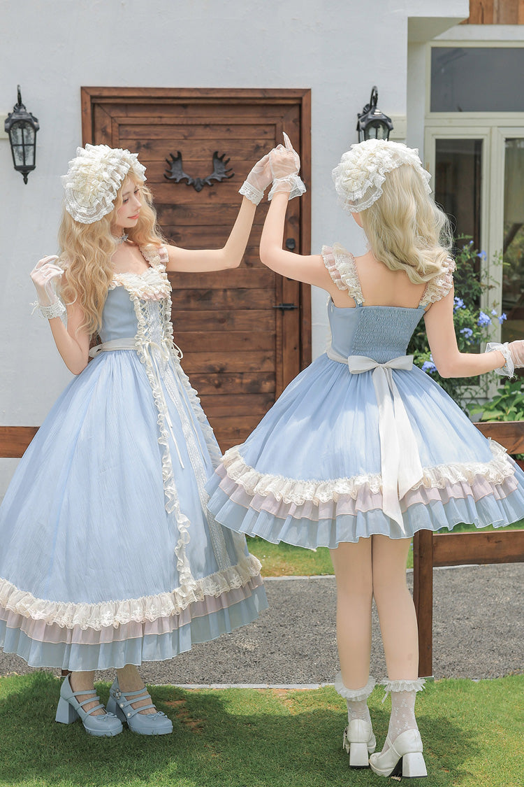 Island Diary - Square Collar Flutter Sleeves Triple-Layered Ruffled Lace-Up Sweet Lolita JSK Dress 2 Versions - image 5