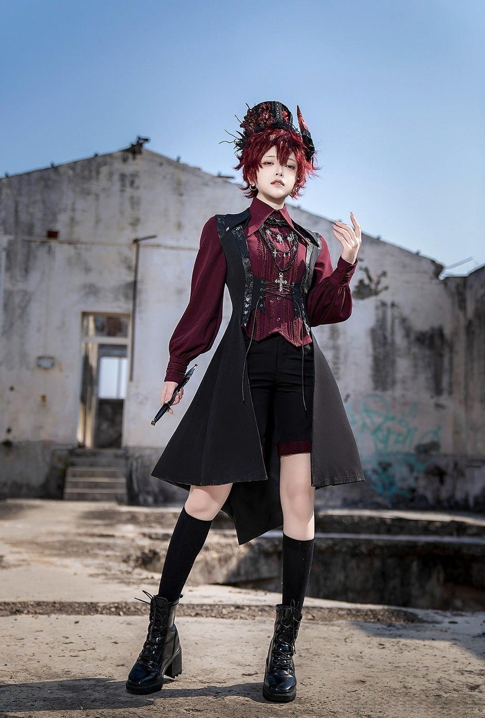 Red and Black 4.0 - Ouji Lolita Long Vest & Red Blouse - image 2
