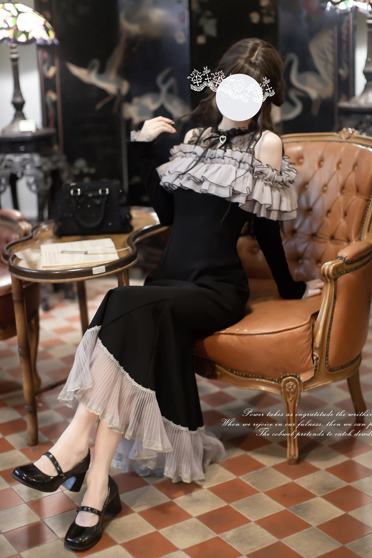 Night Cherry Blossoms Sweet Elegant Lolita Fishtail OP Dress in Black - image 6