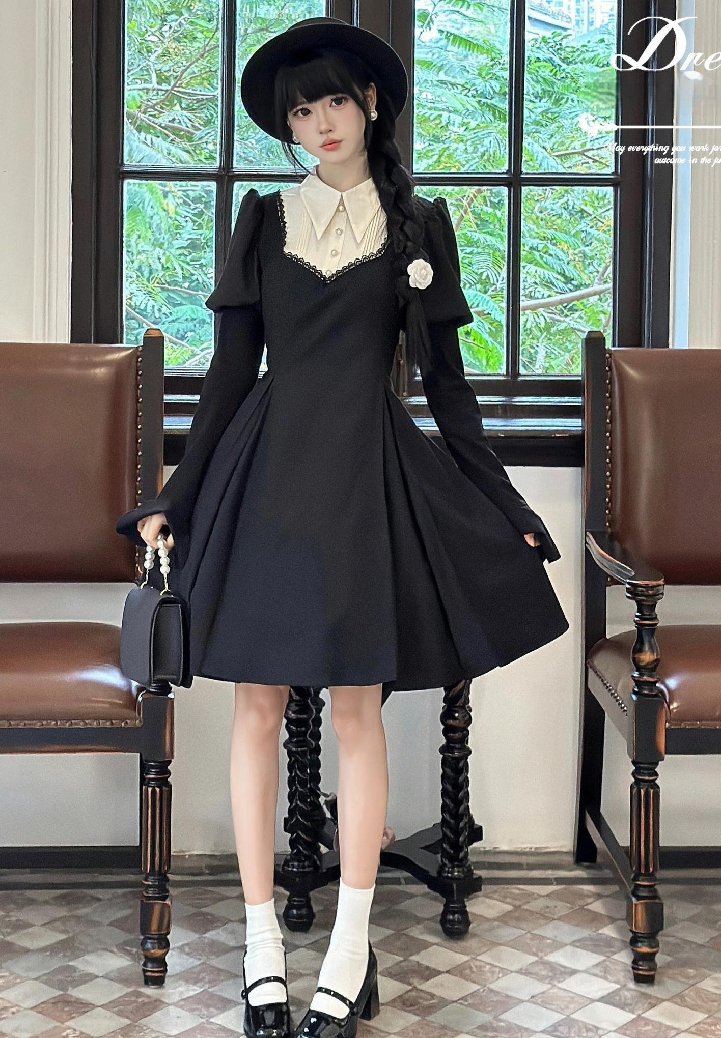 Gothic Lolita OP Dress Nun Style Fishbone Skirt - image 1