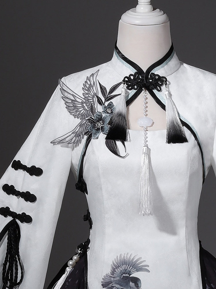 Monochrome Plum Blossom Bell-Sleeve Crop Top with Tasseled Hanfu Charm - Han Ru Chu - image 2