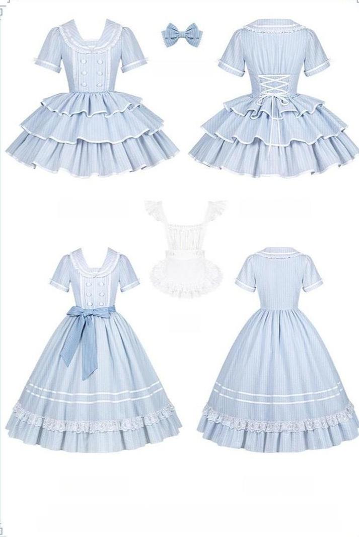 Seven-Day Bell - Blue Classic Lolita Striped OP Dress, Sailor Collar - image 5