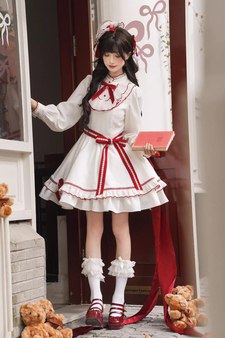 Red Vow - Sweet Lolita Long-Sleeve OP Dress in Red & White - image 3