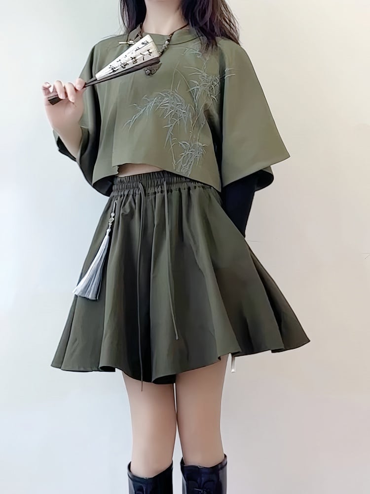 Green Drawstring Elastic Waist Skort with Tassel Accents - image 2