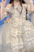 Multi-Layered Ruffled Bride Bow Pearl-Decorated Sweet Lolita JSK Dress Full Set 2 Versions - image 10