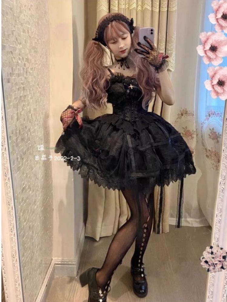 Rose Cage - Gothic Lolita Black Suspender Dress - image 7
