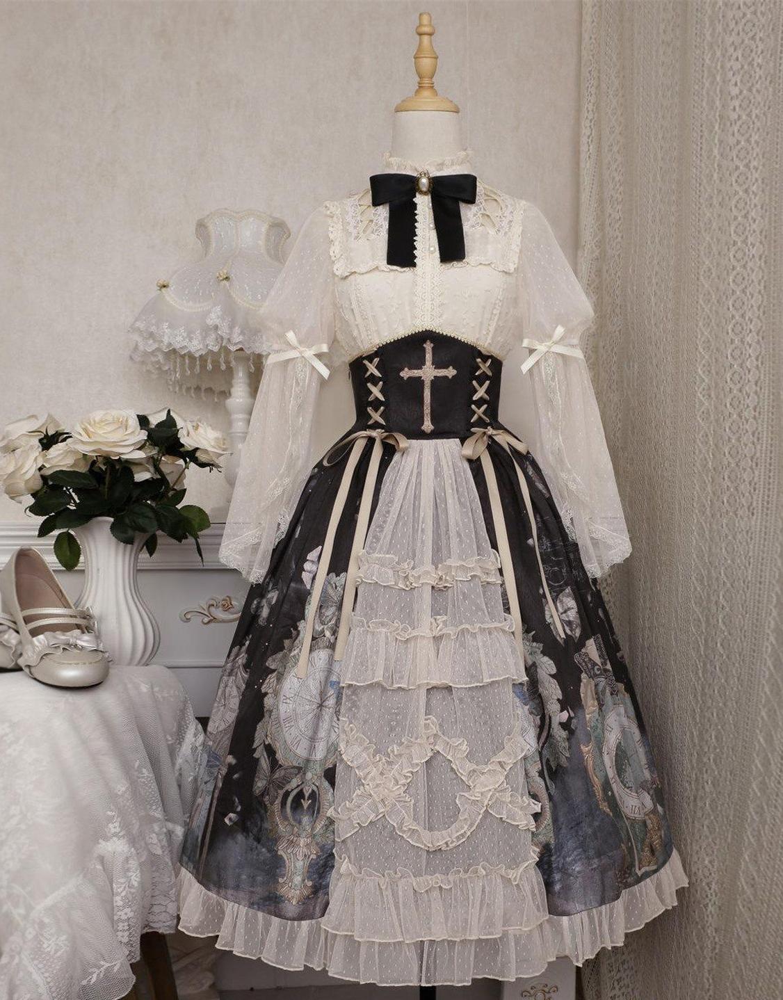 Clock Butterfly - Gothic Lolita Printed Blouse and Corset Skirt Set - image 3