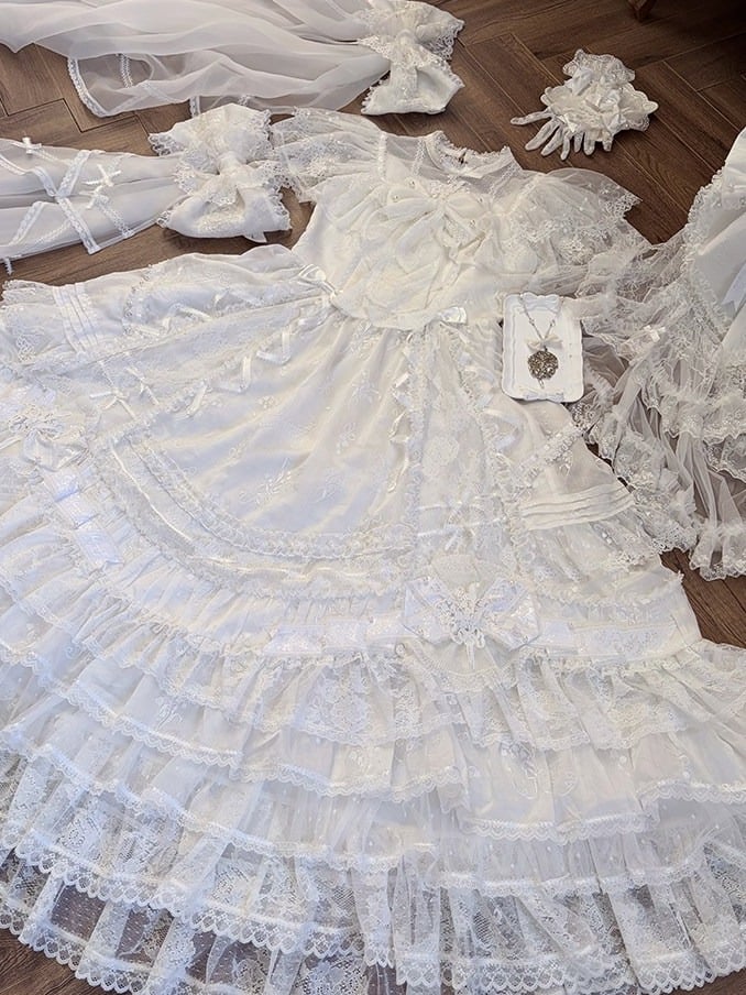 Ivory Floral Embroidered Lolita Gown with Lace Trim and Bow Train - Mademoiselle Pearl - image 4