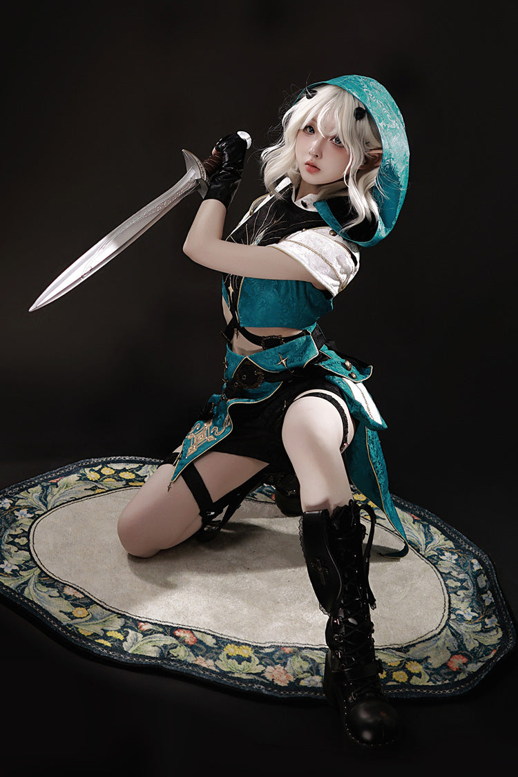 Traveler's Outfit Ouji Hooded Top and Shorts Set in Blue and Green - image 9