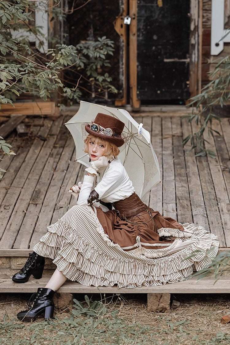 Victorian Stripes - Classic Lolita Tiered Skirt in White and Brown - image 5