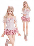 Dark Pink Plaid Tiered Skirt with Shorts - serendipity - image 7