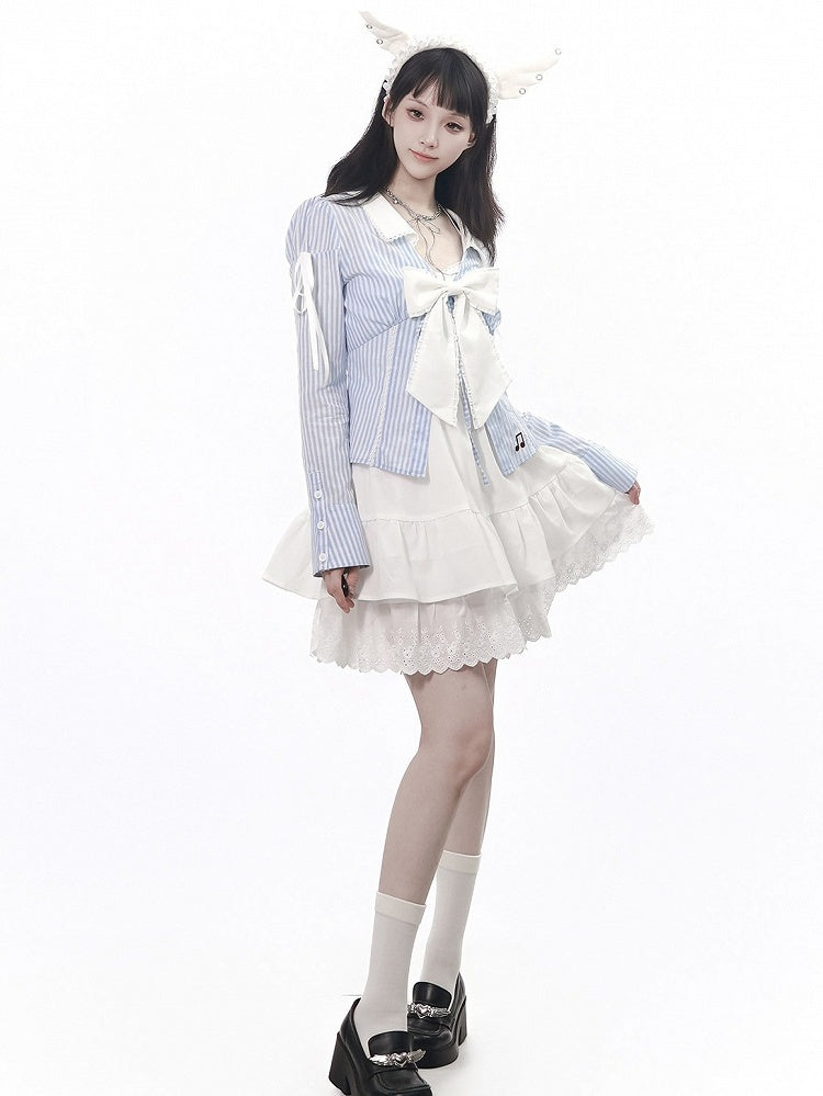 Sky Blue Embroidered Stripe Blouse with Lace Collar and Music Motif - PINK SAVIOR - image 7