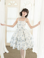 White and Blue Floral Embroidered Lolita JSK with Detachable Belt - image 2