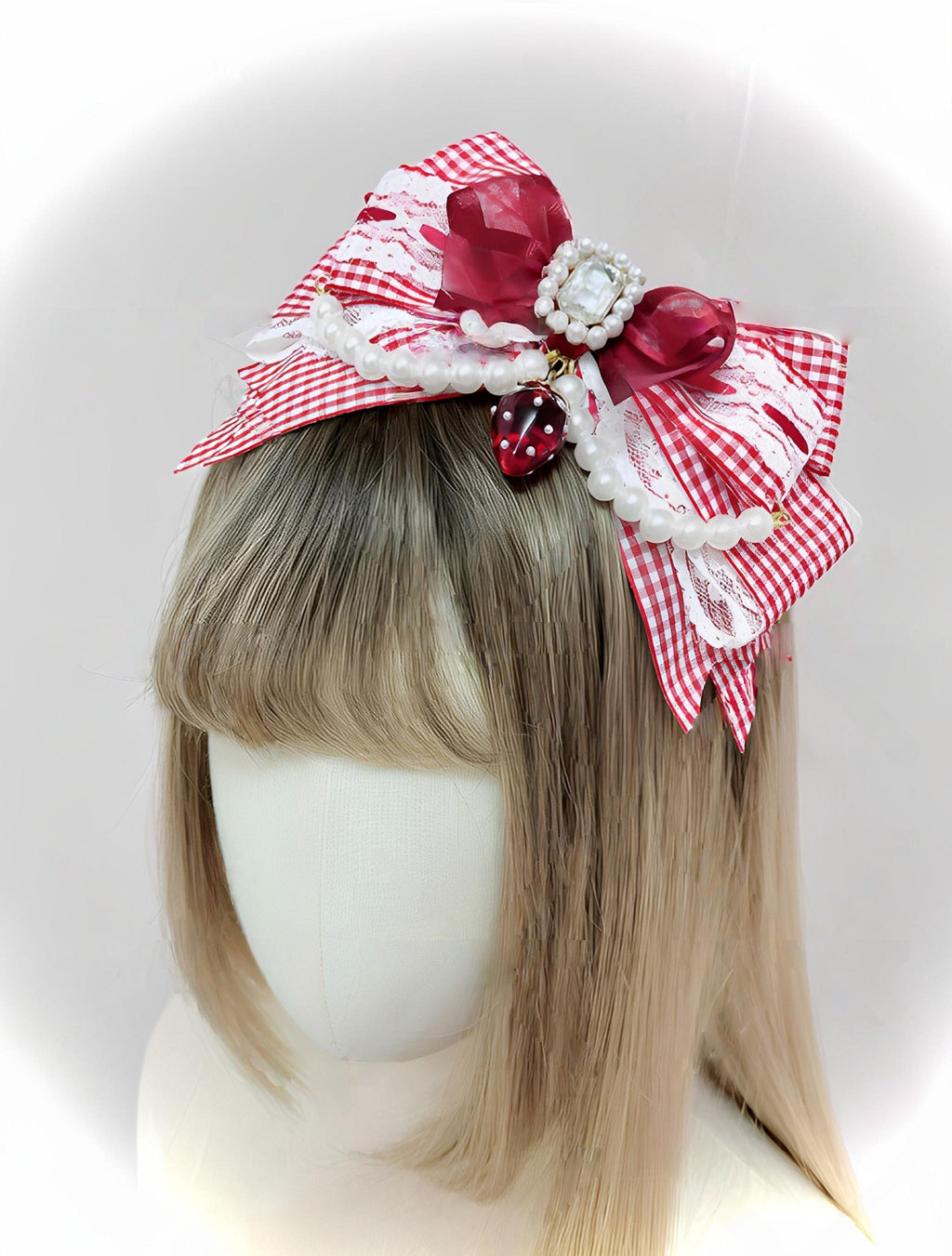 Plaid Strawberry Adjustable Bow Lolita Headband - image 1