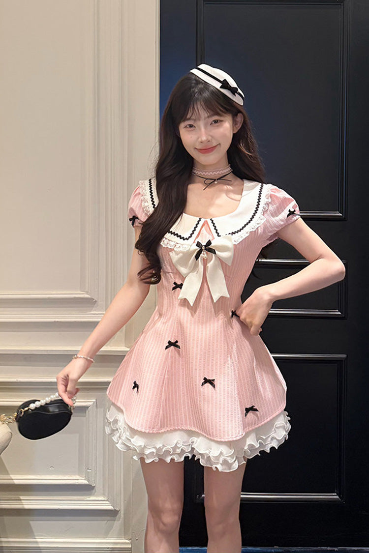 Peach Dream - Doll Collar Short Puff Sleeves Vertical Stripe Printed Ruffled Bow College Style Sweet Lolita Dress - image 5