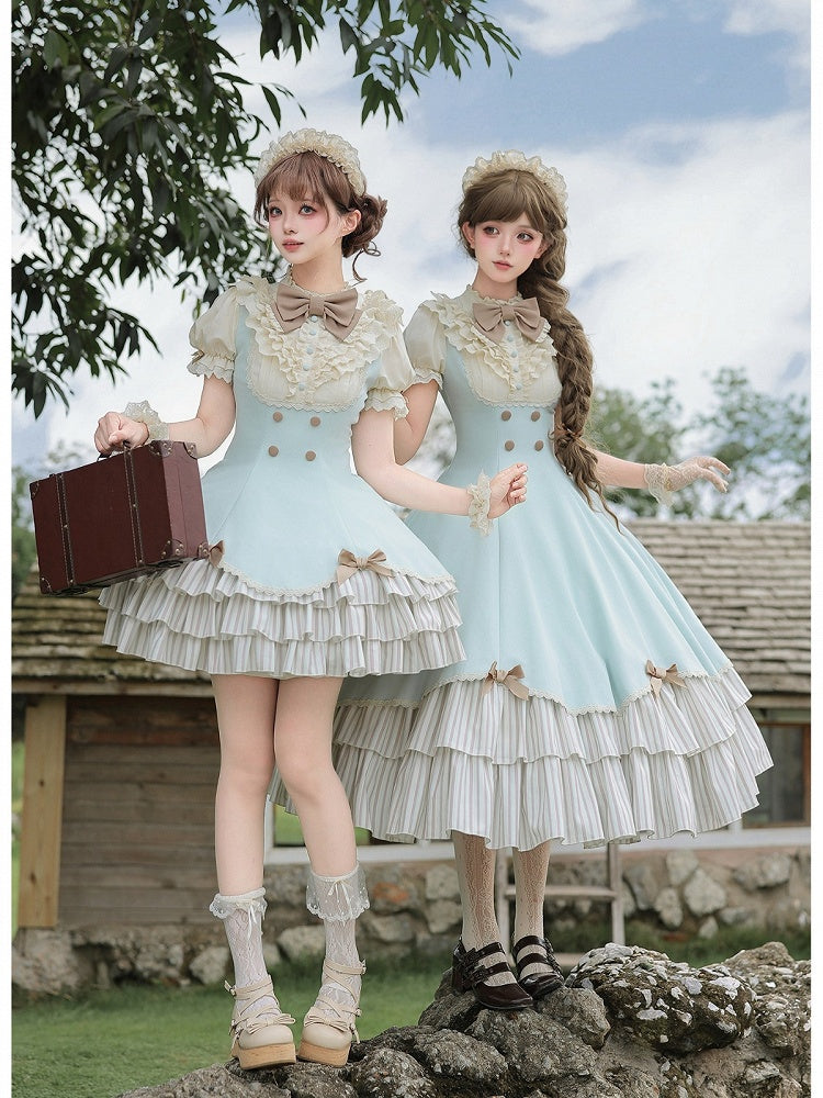 Beige and Blue Puff-Sleeve Lolita OP with Scalloped Hem and Butterfly Bows - image 8