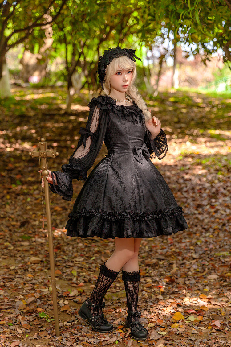 Floral Canon - Round Collar Sleeveless Jacquard Printed Ruffled Bow Gothic Lolita JSK Dress - image 7