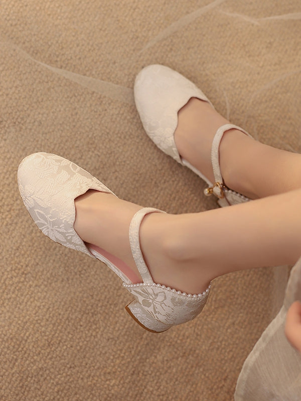 Qi Lolita Scalloped Satin Heel Sandals with Pearl Beads - image 9
