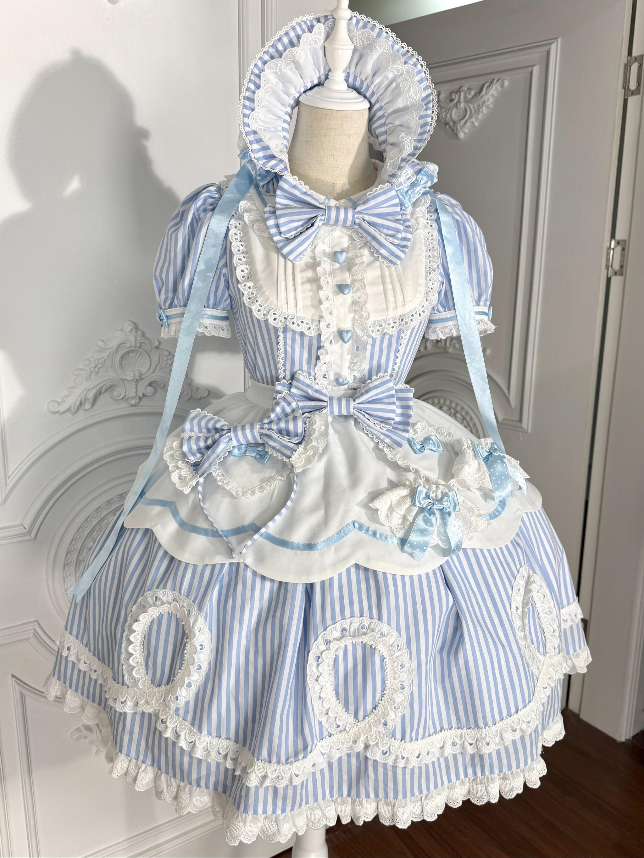 Candy Shop Manager - Old School Lolita Striped OP Dress, Detachable Apron - image 4