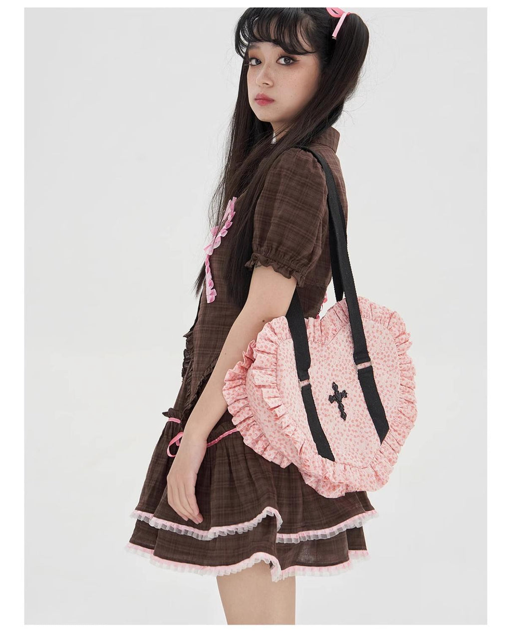 Vintage Lolita Heart Shaped Plaid Dot Print JK Uniform Bag - image 2
