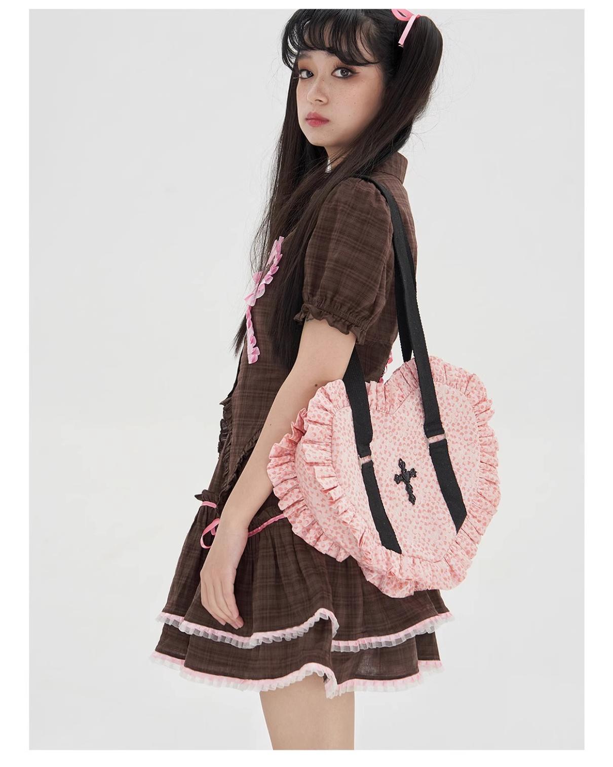 Vintage Lolita Heart Shaped Plaid Dot Print JK Uniform Bag - image 2