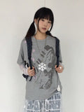 Gray Crew Neck Tee with Distressed Print - innomoood - image 1