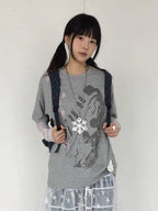Gray Crew Neck Tee with Distressed Print - innomoood - image 1