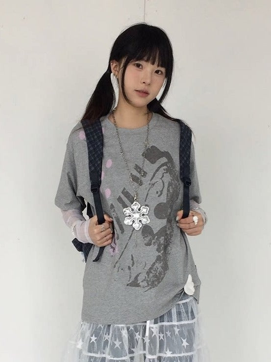 Gray Crew Neck Tee with Distressed Print - innomoood - image 1