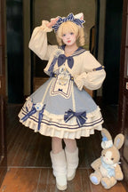 Ride the Wind and Waves - Double-Layered Printed Ruffled Bow Lace Sweet Lolita JSK Dress Set (Coat Included) - image 3