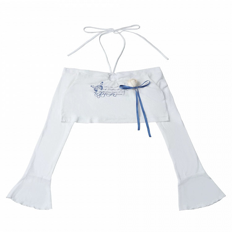 White Flare-Sleeve Cropped Knit Top with Butterfly Print & Rose - PINK SAVIOR - image 1