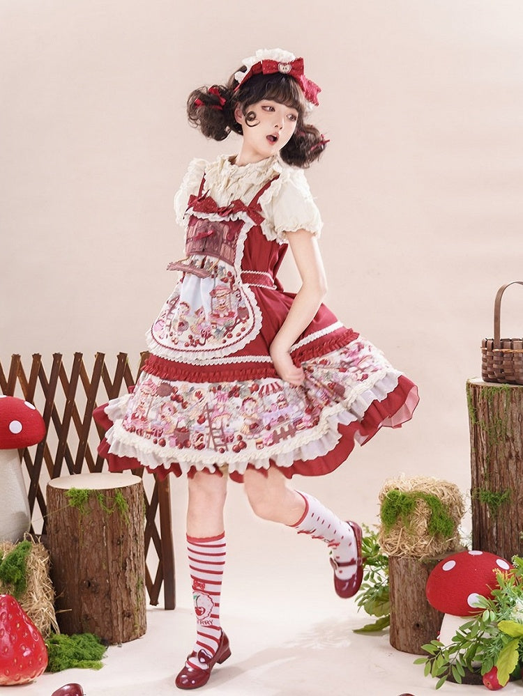 Red Fruit-Print Sweet Lolita JSK with Lace Trim - image 6