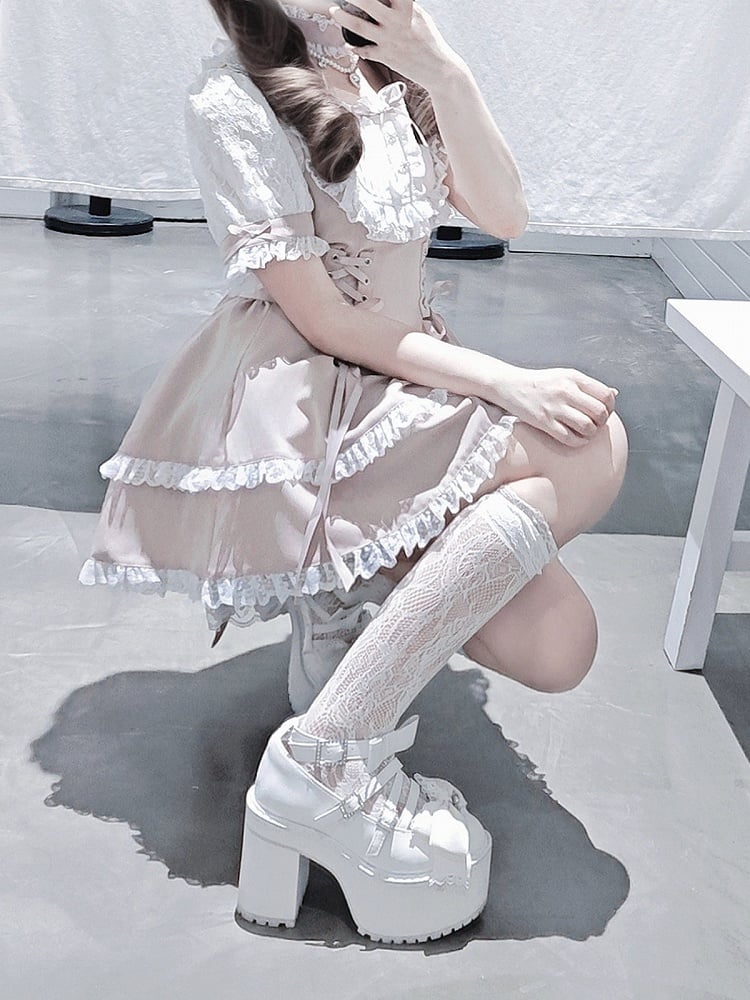 Shirohato Pink and White Ryousangata Dress Choker and Shorts Set - image 6
