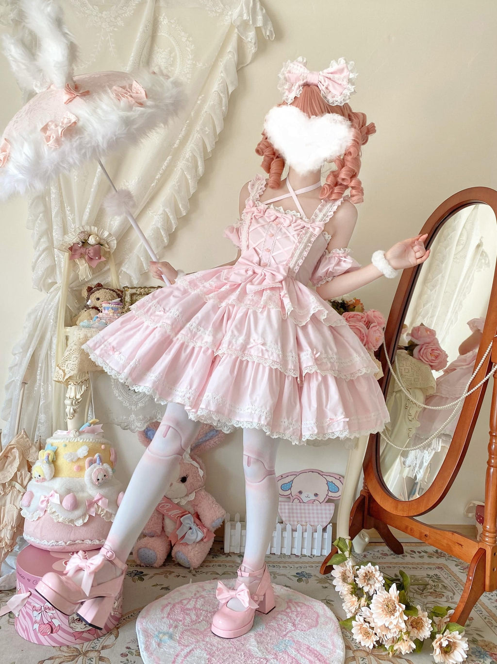 Rose Romance - Pink Sweet Lolita JSK Dress, Tiered Hem - image 3