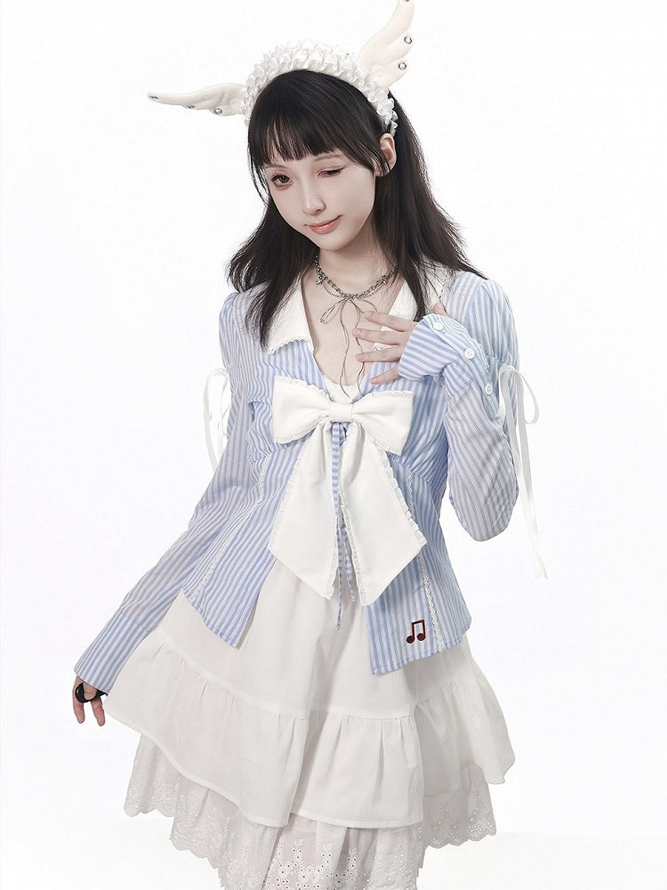 Sky Blue Embroidered Stripe Blouse with Lace Collar and Music Motif - PINK SAVIOR - image 5