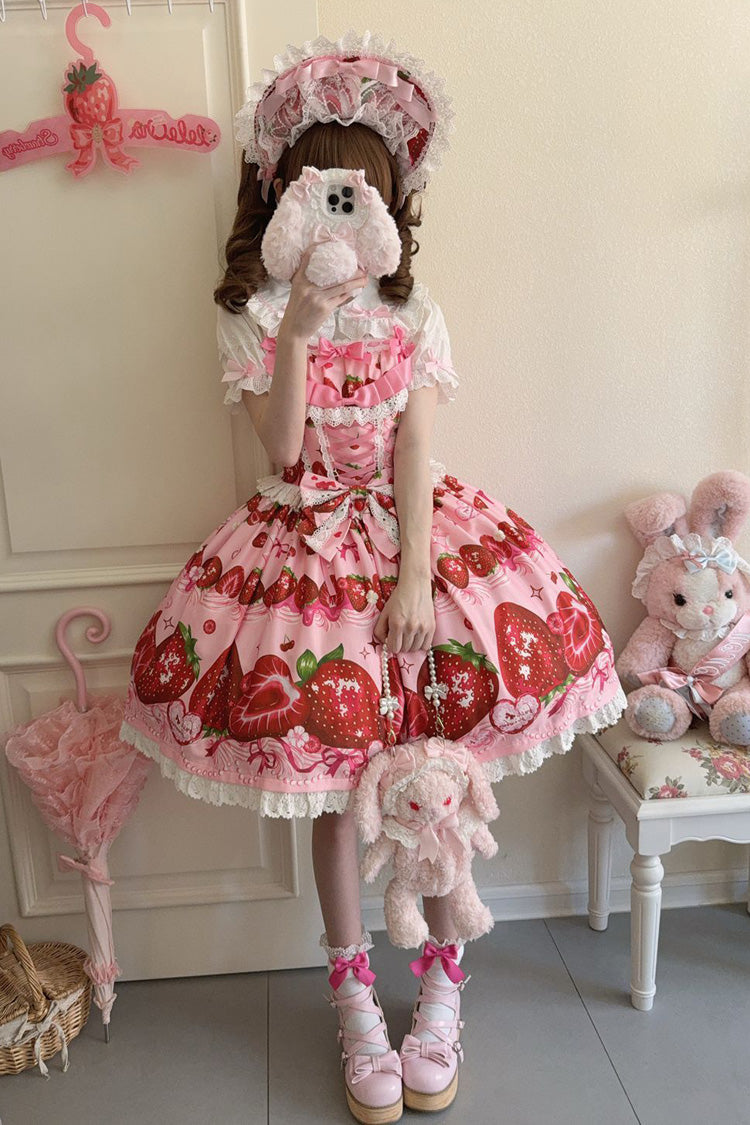 Sweet Berry Tale Strawberry Print Ruffle Bowknot Lace Sweet Lolita JSK Dress - image 11